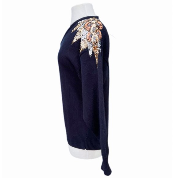 Vintage Black V-Neck Sweater with Sequin Shoulders | Size Medium - Picture 5 of 6